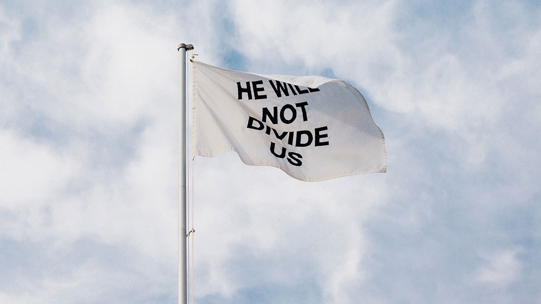 The "He Will Not Divide Us" flag from Shia LaBeouf's 2017 livestream project, located and captured by 4chan users using contrails and star charts.