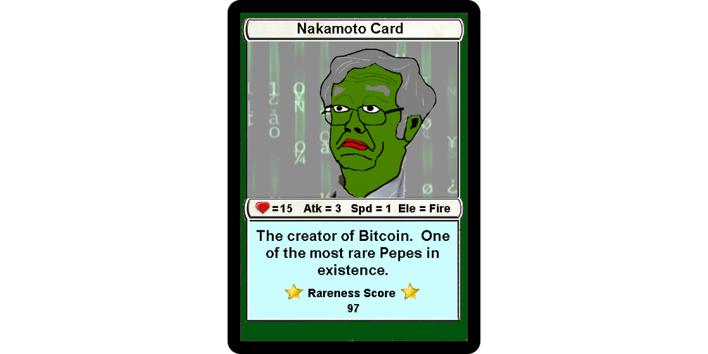 RAREPEPE, the "Nakamoto card" — Series 1, Card 1 of the Rare Pepe project, minted on Bitcoin's Counterparty protocol in September 2016.