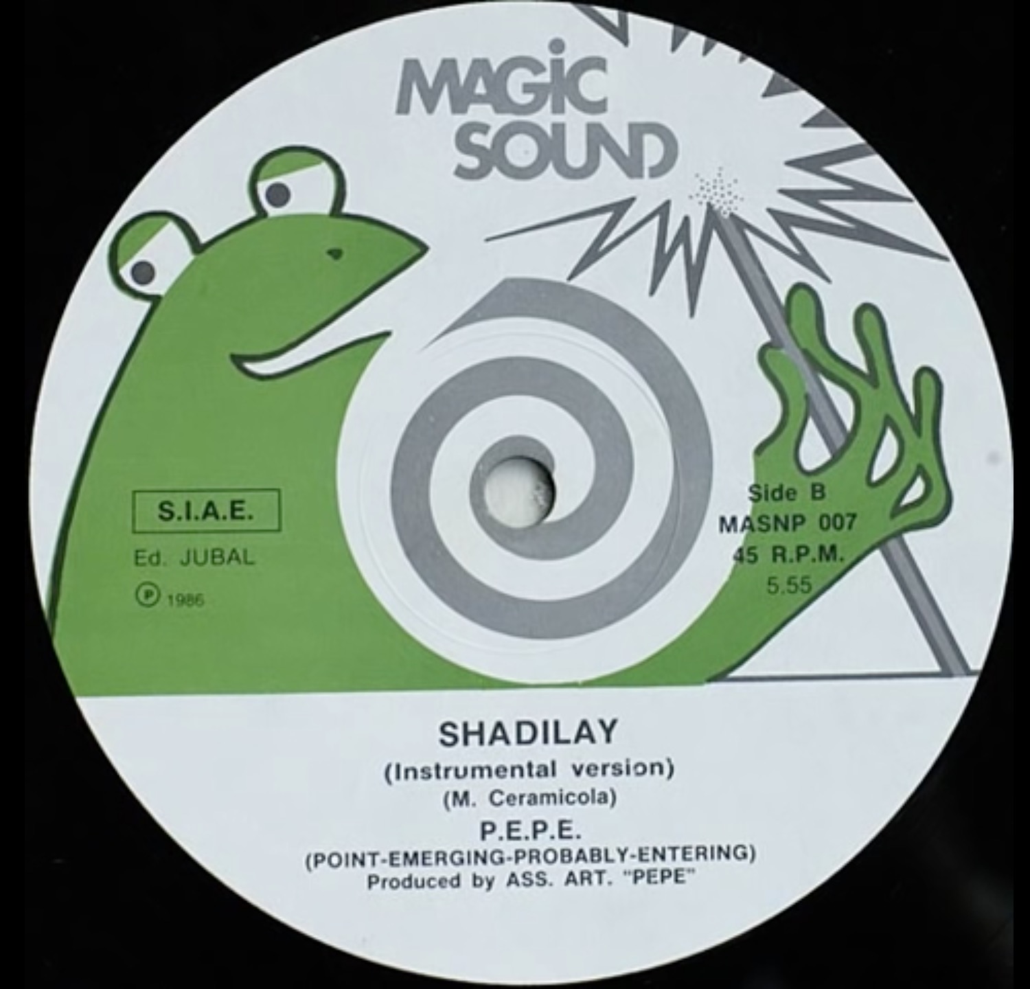 Label of the 1986 single "Shadilay" by P.E.P.E. on Magic Sound — the frog-with-wand artwork received in 2016 as the "Prophecy of Kek."